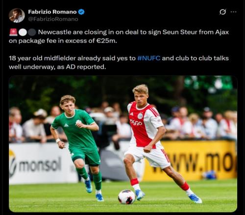 乐鱼体育罗马诺：纽卡接近签下阿贾克斯18岁中场斯图尔，总价超2500万欧